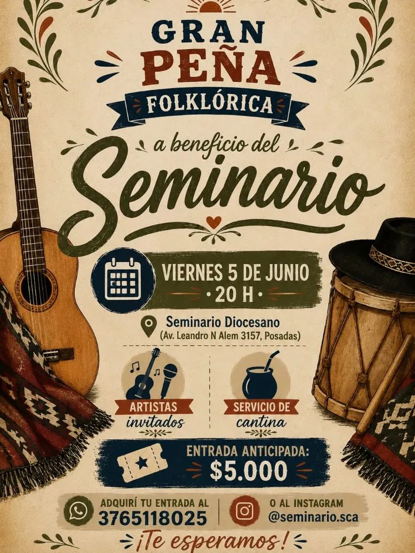 Peña folclórica solidaria a beneficio del Seminario Santo Cura de Ars este viernes