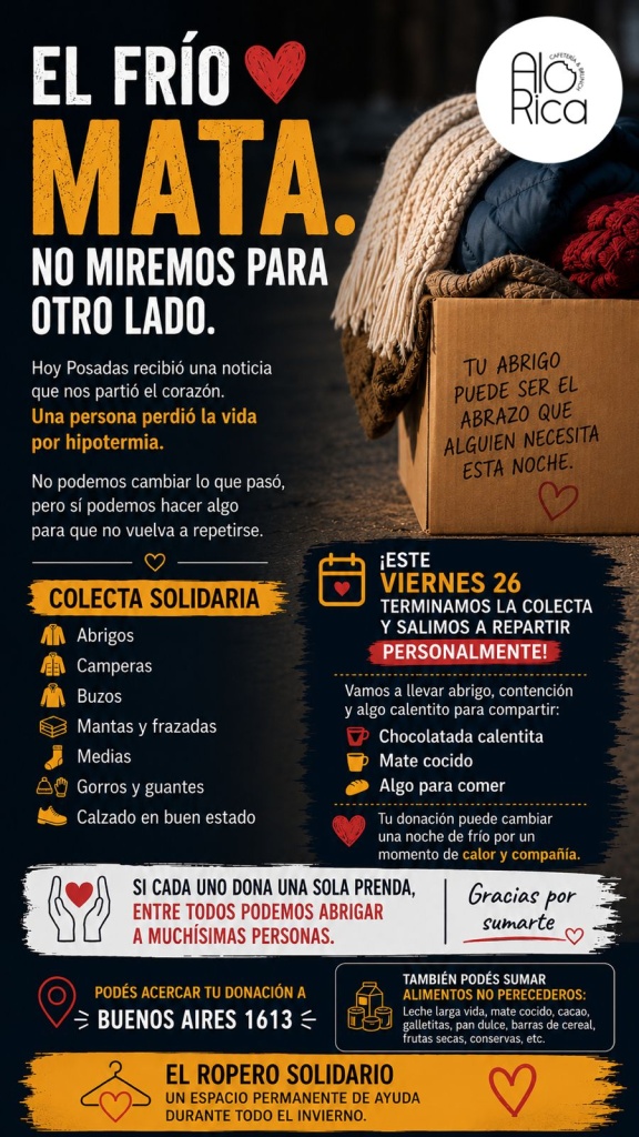 Posadas: colecta solidaria de abrigo y alimentos para personas en situación de calle tras una…