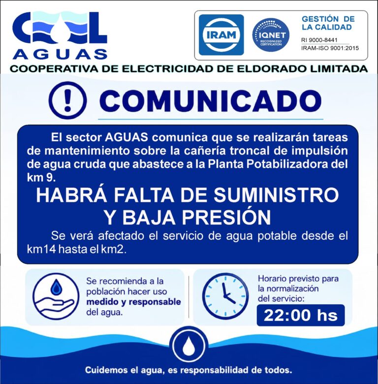 Cortes y baja presión de agua en Eldorado por trabajos de mantenimiento en la red…
