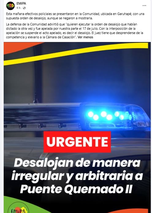 EMIPA denuncia un intento de desalojo en una comunidad mbya guaraní de Garuhapé