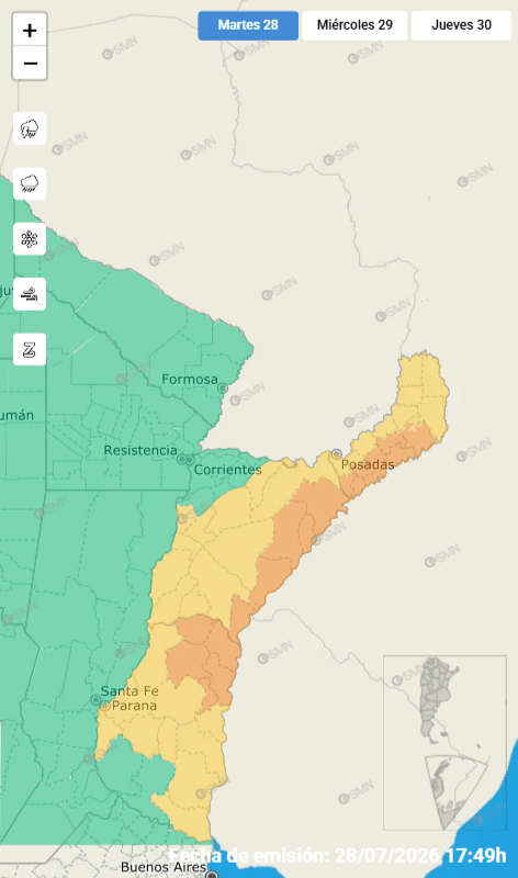 Alertas por tormentas en Misiones: naranja en el sur y centro este, amarilla en el…