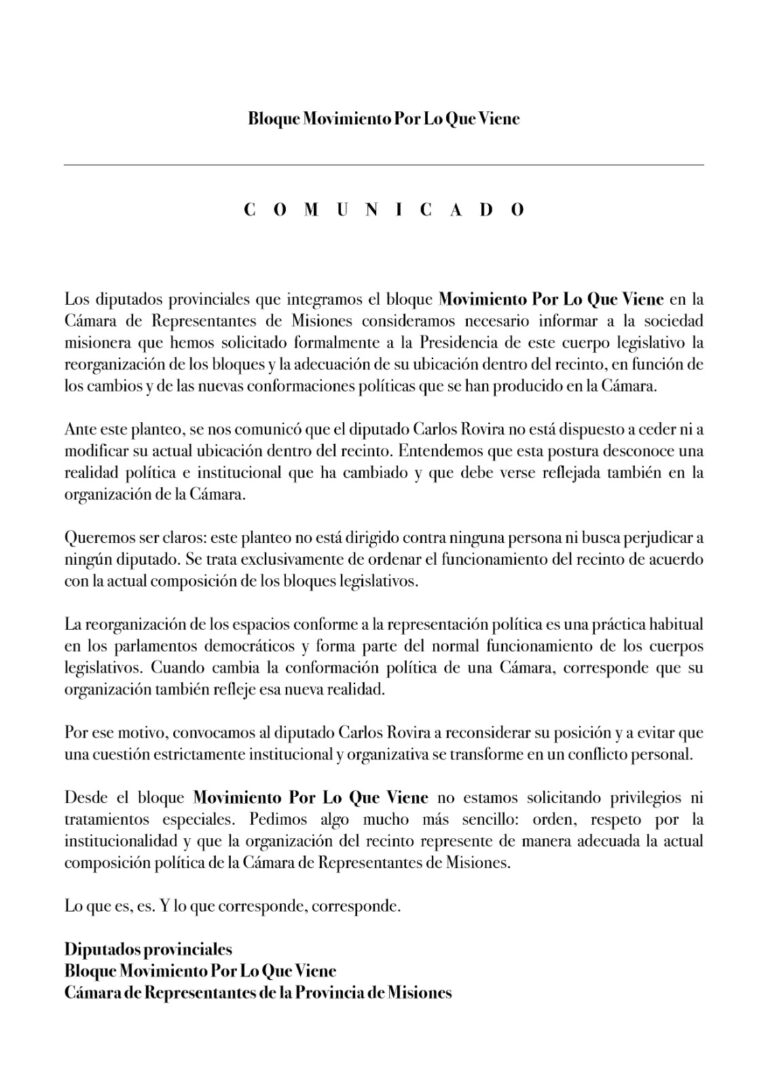 Movimiento por lo que Viene cuestionó los privilegios de Rovira en la Legislatura y presentó…