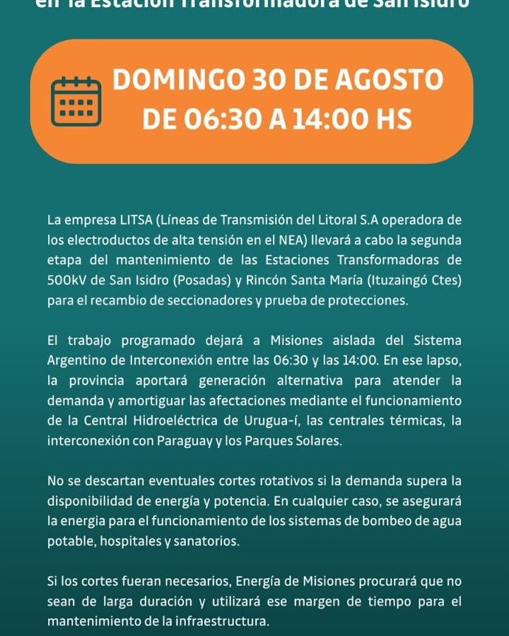Este domingo puede haber cortes de luz en toda Misiones por trabajos de mantenimiento eléctrico