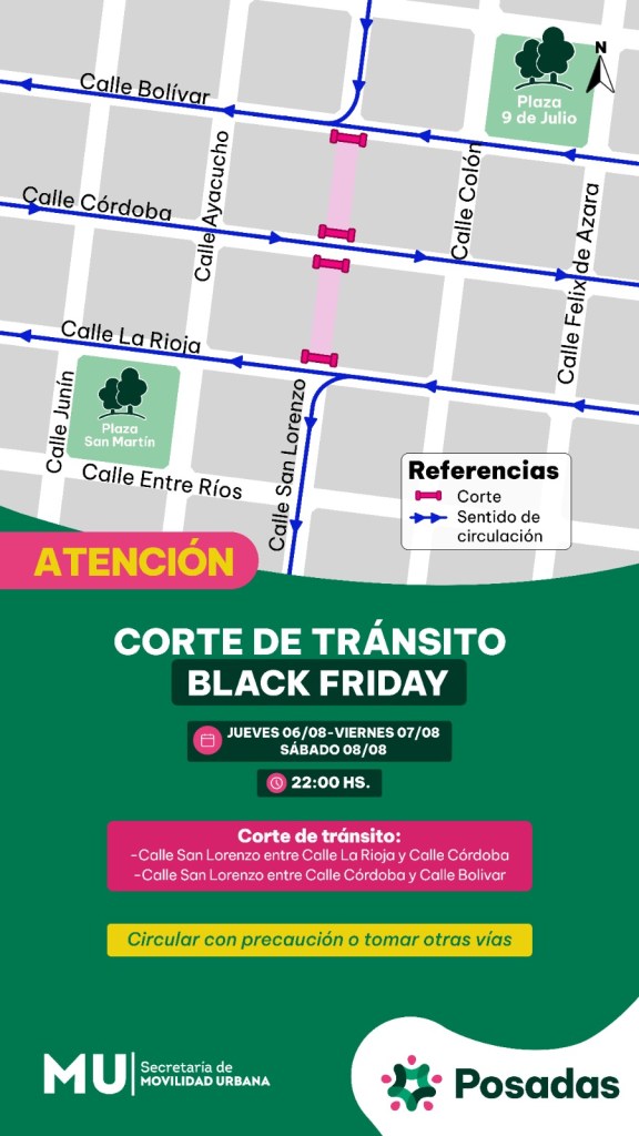 Black Friday en Posadas: cortes de tránsito en San Lorenzo desde el jueves por la noche