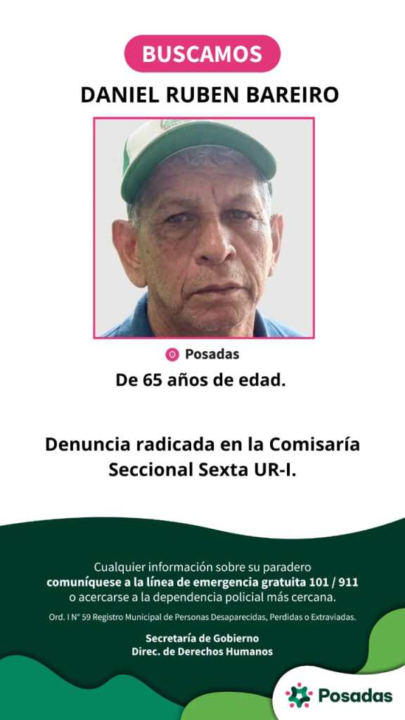 Buscan a Daniel Bareiro, empleado municipal de 65 años desaparecido en Posadas