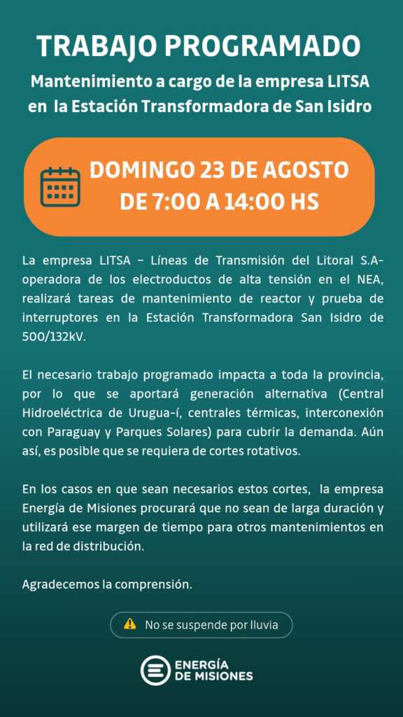 Cortes rotativos de luz en Misiones este domingo por mantenimiento en la Estación San Isidro