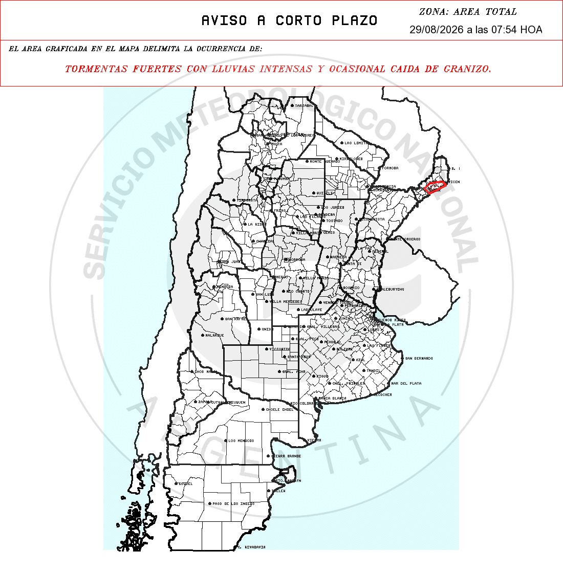 Alerta por tormentas fuertes en cuatro departamentos del centro de Misiones
