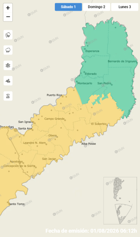 Alerta amarilla por tormentas en cuatro departamentos de Misiones este fin de semana