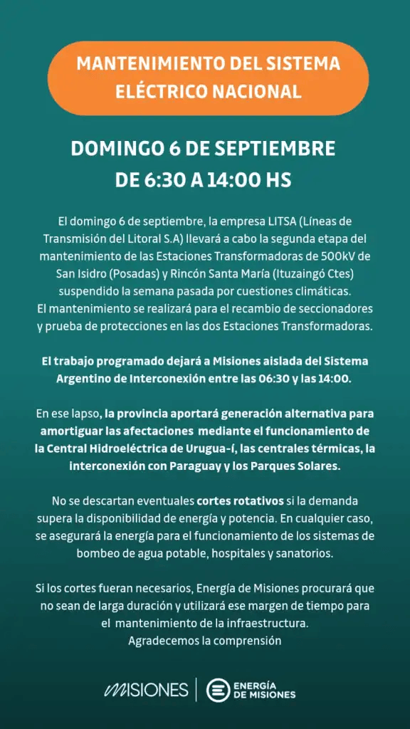 Mantenimiento eléctrico en San Isidro: Misiones quedará desconectada del sistema nacional este domingo